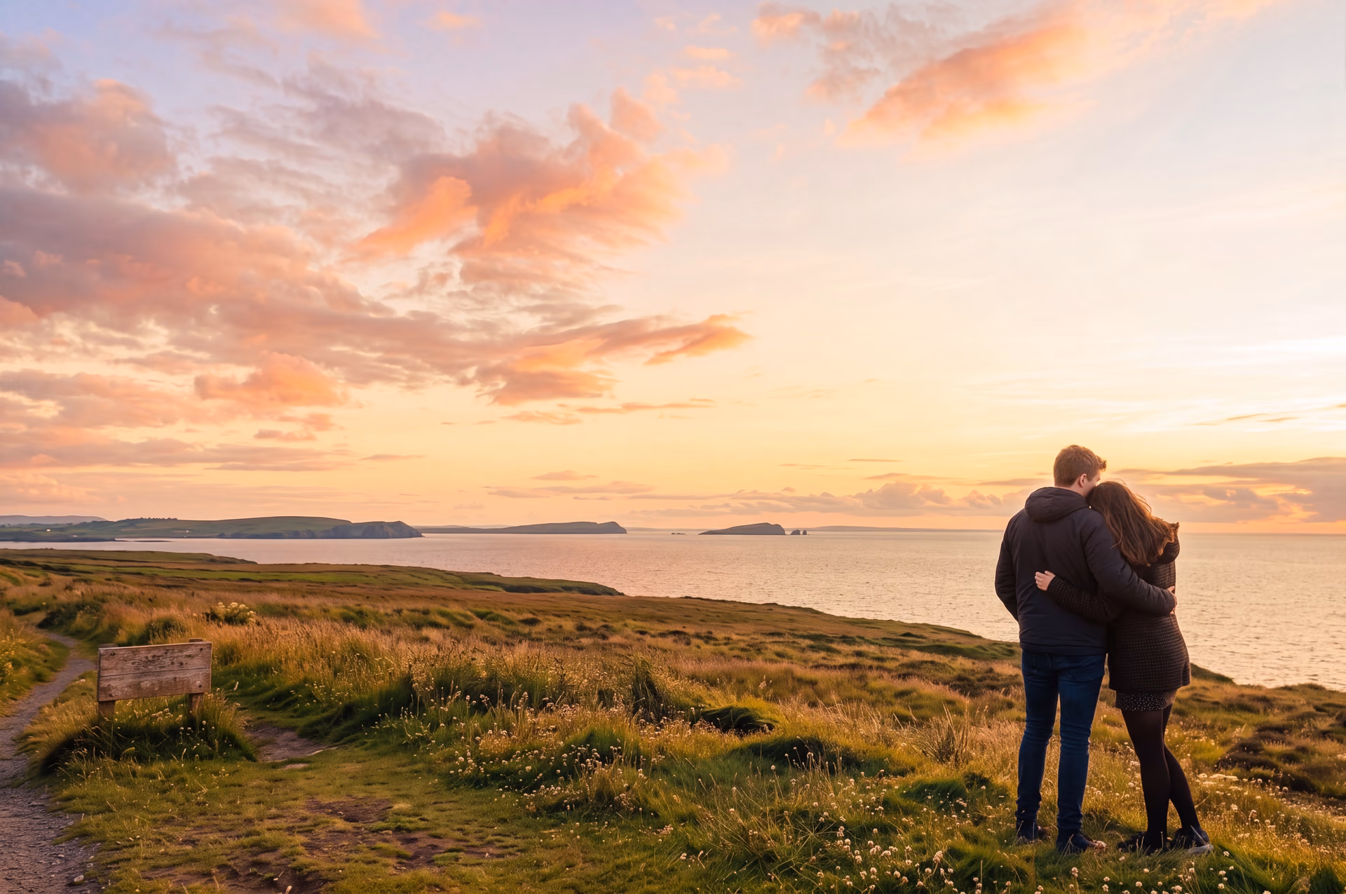A couple embracing while looking out over the ocean and cliffs at sunset